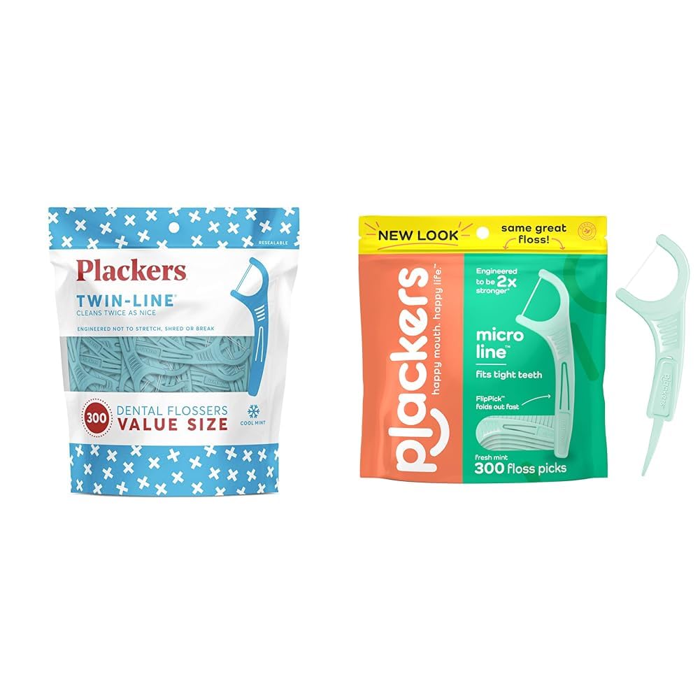 Plackers Twin-Line Dental Flossers, Cool Mint Flavor, Dual Action Flossing System, Easy Storage, Super Tuffloss, 2X The Clean, 75 Count